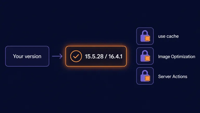 Enpitech illustration of the Next.js October 14 security update: 15.5.28 and 16.4.1, with fixes for use cache, Image Optimization and Server Actions