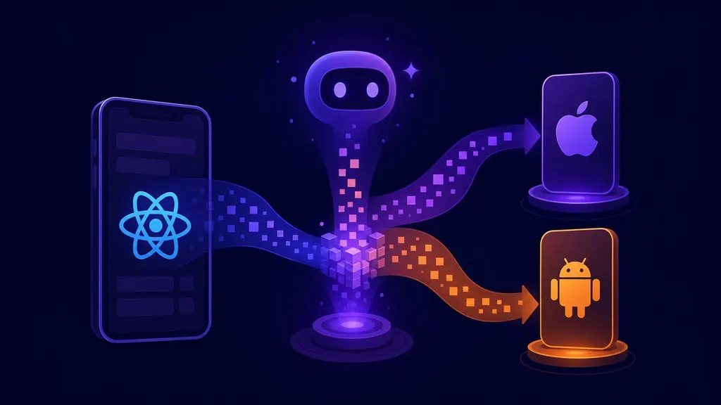 Editorial illustration of an app splitting into native Apple and Android icons