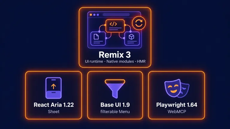 Enpitech illustration based on the Remix, React Aria, Base UI and Playwright release posts: Remix 3 UI runtime, native modules and HMR; React Aria 1.22 Sheet; Base UI 1.9 filterable Menu; Playwright 1.64 WebMCP