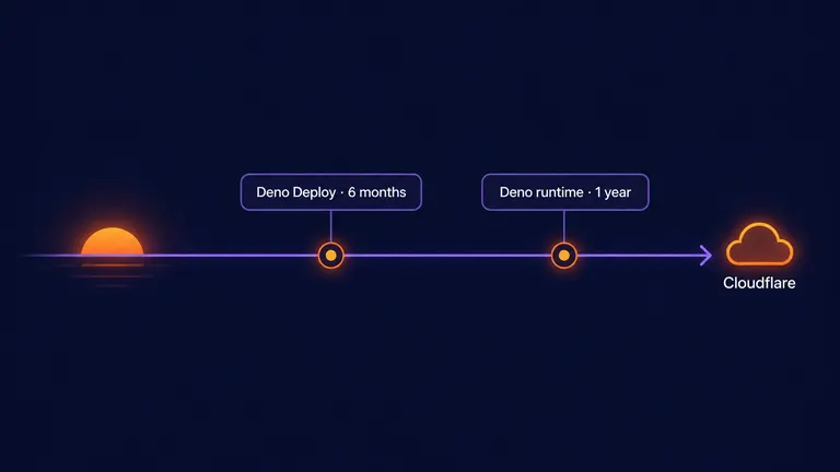 Enpitech illustration of the Deno sunset timeline: Deploy runs six months, runtime one year, team joins Cloudflare